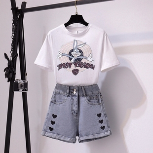夏天套装女矮小个子2026新款网红炸街时尚甜美穿搭牛仔短裤两件套