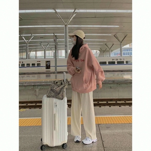 连帽阔腿裤女学生潮卫衣簿款字母休闲韩版新款春秋两件套单/套装