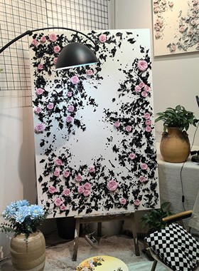 现在简约中古风客厅沙发背景墙玄关纯手绘石英砂立体玫瑰装饰画