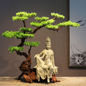 新中式 水月自在观音菩萨佛像客厅玄关桌茶室古法鱼缸装 饰禅意摆件