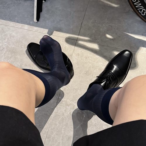 D.M男长筒袜黑色商务正装丝袜男袜中筒袜子男袜透明透气夏竖条