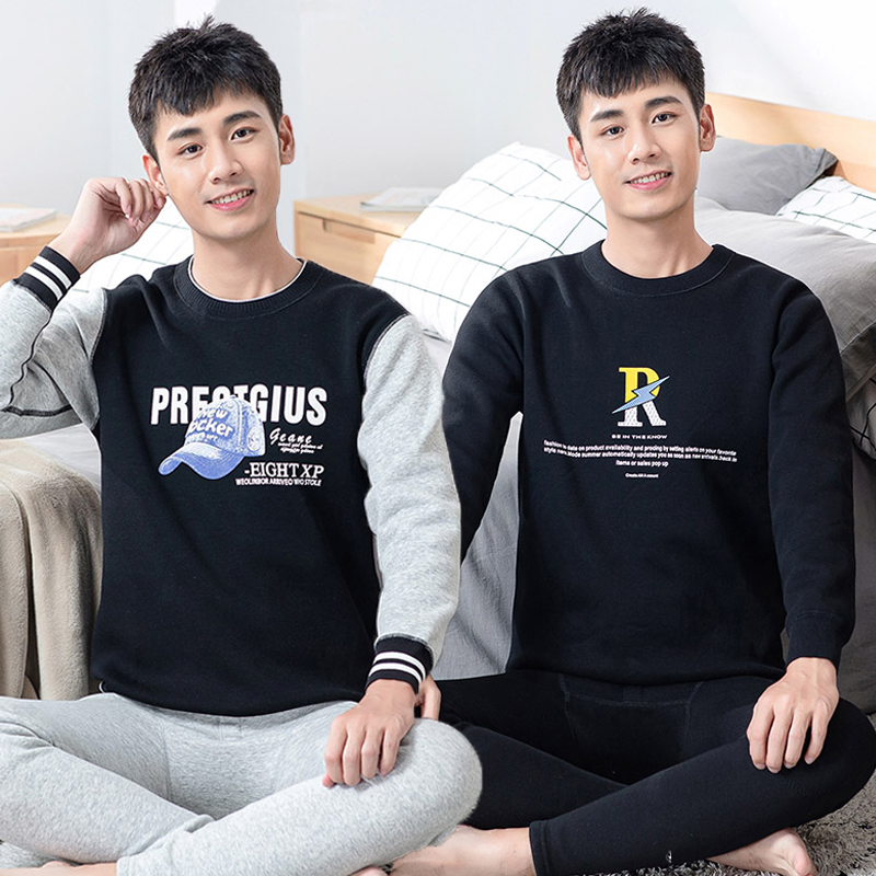 青少年加厚加绒保暖内衣男学生初中生高中大童纯棉毛衫裤套装黑色