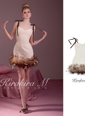 Kirakira M【Sillage】米白色编织羊毛羽毛连衣裙