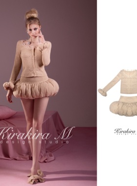 KirakiraM【Sillage】杏色弹力针织泡泡袖开衫 or 花苞低腰半裙