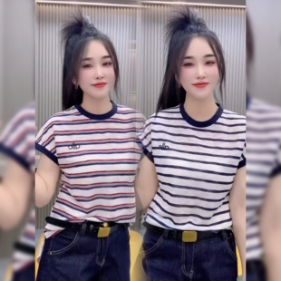 T恤女2025夏新洋气圆领字母上衣高级感小衫 欧货冰丝针织条纹短袖