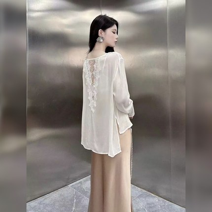 透视衫露背雪纺衫2025春夏新时尚百搭圆领长袖衬衫女宽松防晒上衣
