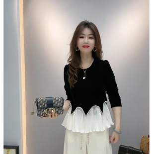 2025冬季新款加厚法式轻奢气质黑白拼接花边长袖上衣女荷叶边衬衫