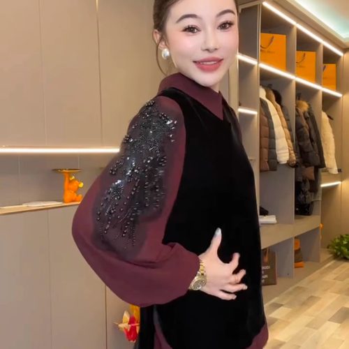 网红爆款时尚衬衫丝绒拼接