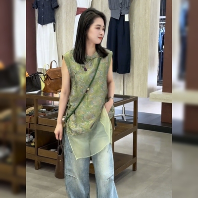 新中式绿色印花无袖衬衫