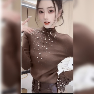 欧货高端重工钉珠针织衫T恤女2025秋冬新时尚洋气显瘦百搭打底衫