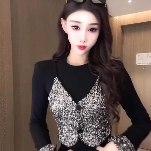 亮片螺纹棉打底衫2025春秋圆领网红新款设计感欧货时尚显瘦气质女