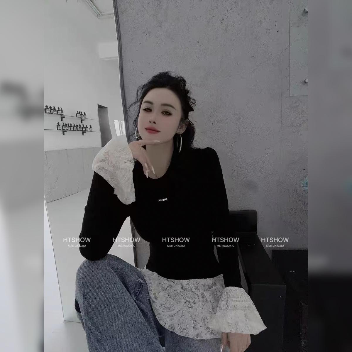 欧货拼蕾丝T恤衫女修身长袖2025春新款裙摆喇叭袖上衣打底衫小衫