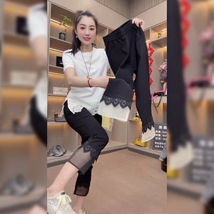 百搭休闲裤 透气修身 女夏薄纸皮裤 高腰显瘦蕾丝拼接八分速干直筒裤