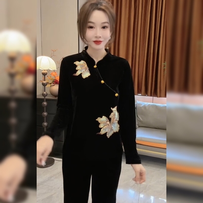 法式高级感黑色长袖丝绒T恤