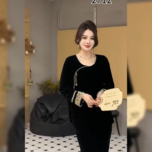 新中式黑色丝绒衬衫女春斜门襟钉珠气质显瘦百搭上衣高端丝绒小衫