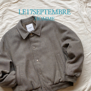 7折 LE17SEPTEMBRE授权 灰褐色羊毛日系斜纹翻领空军棒球夹克外套