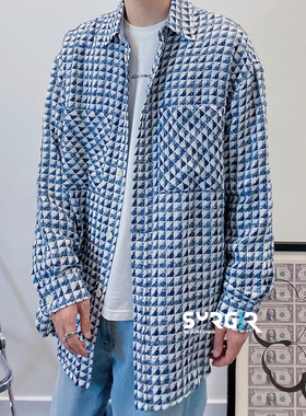 3折 FAITH CONNEXION小香风蓝白细几何格纹tweed编织长款宽松衬衫