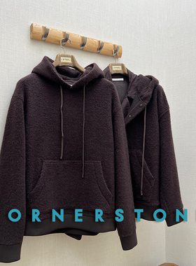 特价 CORNERSTONE官方授权 栗棕羊毛混纺拼接假两件连帽套头卫衣