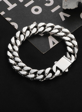 欧美跨镜嘻哈手链男士不锈钢古巴链国潮钛钢粗钛钢项链可激光LOGO