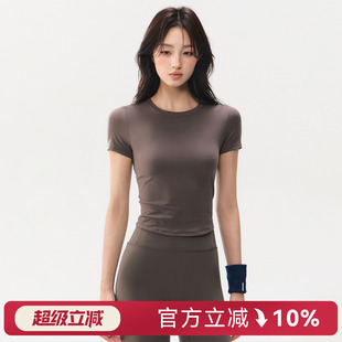 蜜桃女孩夏季普拉提瑜伽服短袖跑步训练运动上衣圆领紧身显瘦T恤