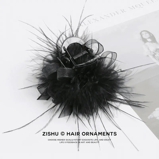 设计感网纱羽毛抓夹百搭网红发饰盘发夹子头饰爆款黑色头花鲨鱼夹