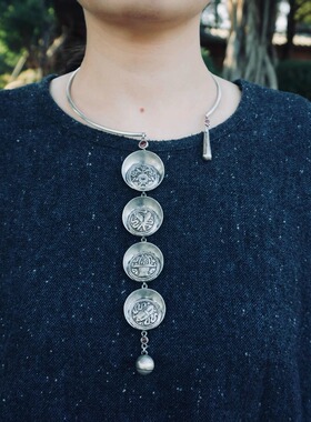 云起。清代镂空老银件磨牙棒老红宝设计款几何流苏个性夸张大项圈