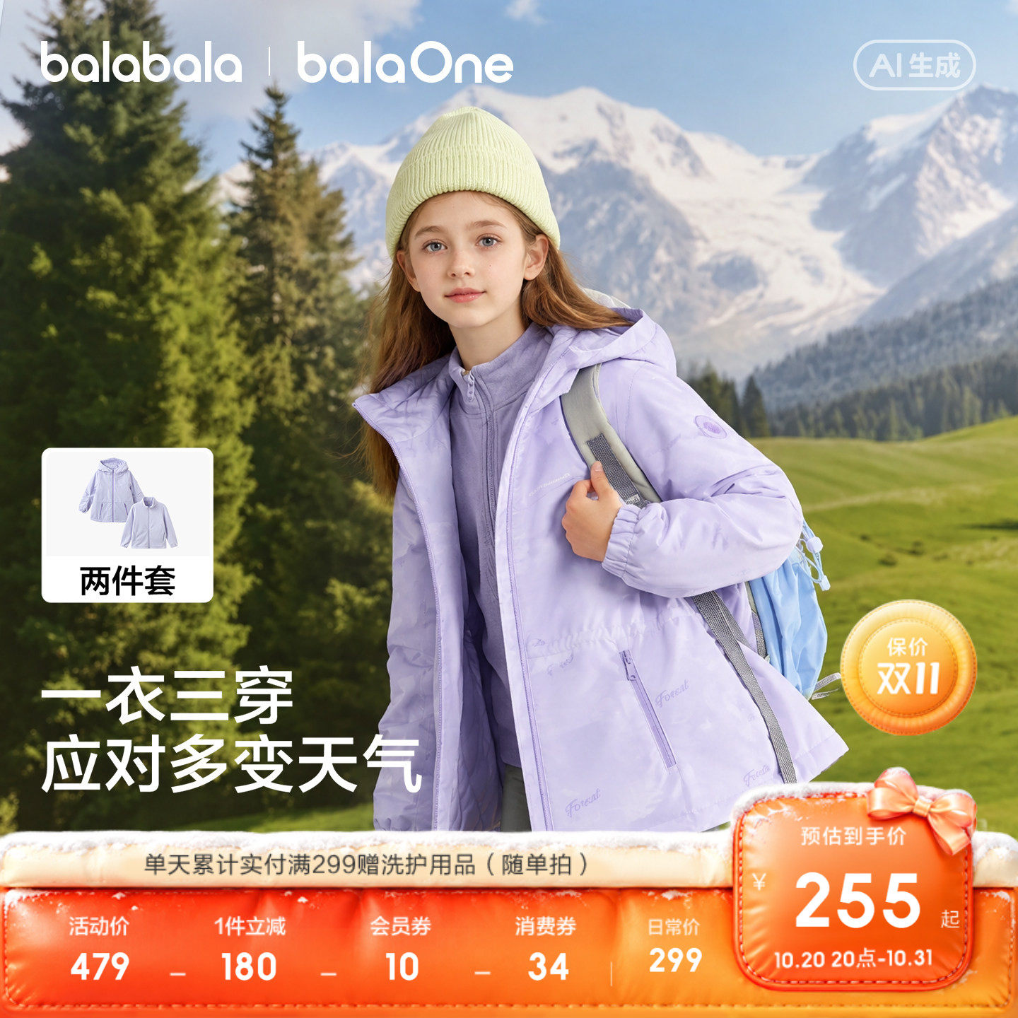 巴拉巴拉女童棉服儿童外套两件套