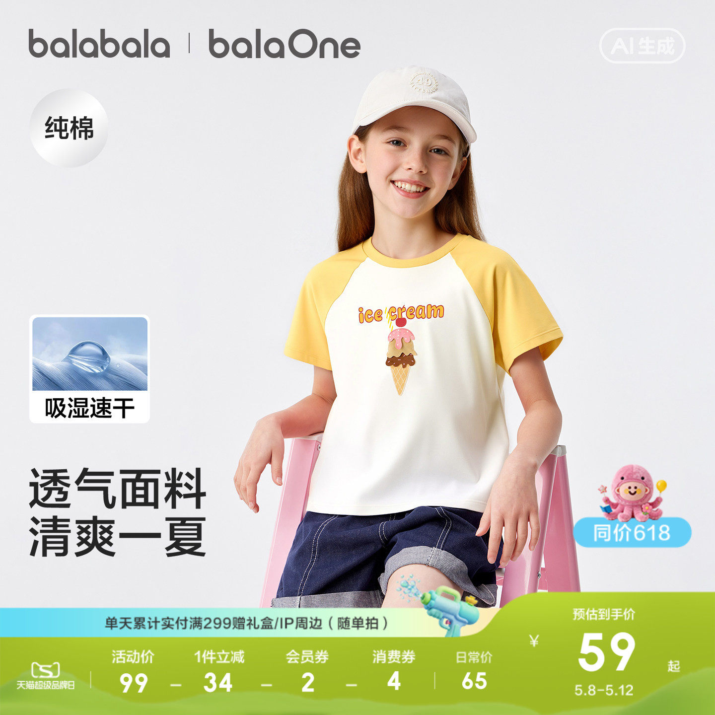 巴拉巴拉童装女童短袖t恤儿童2026新款夏装大童吸湿速干纯棉上衣
