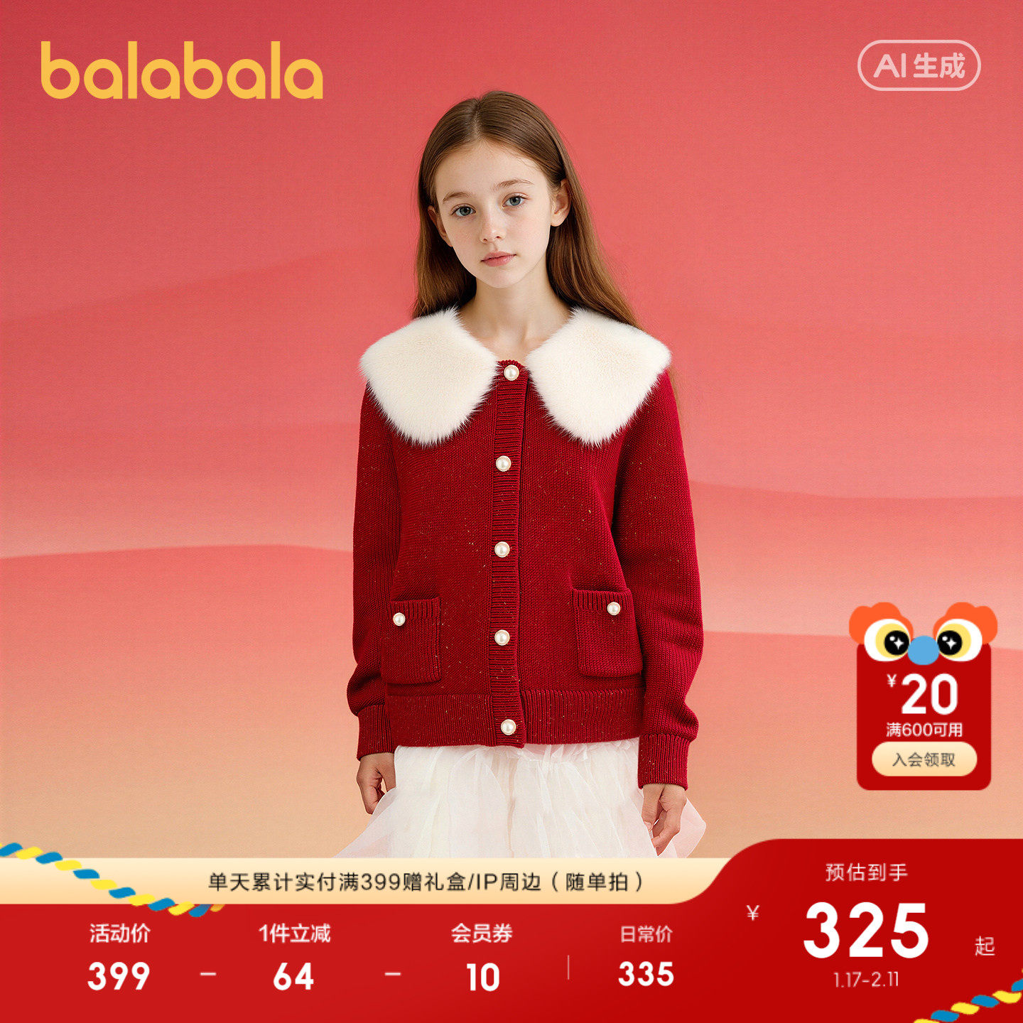 【商场同款】巴拉巴拉童装儿童毛衣女童2026新款春装新红色拜年服