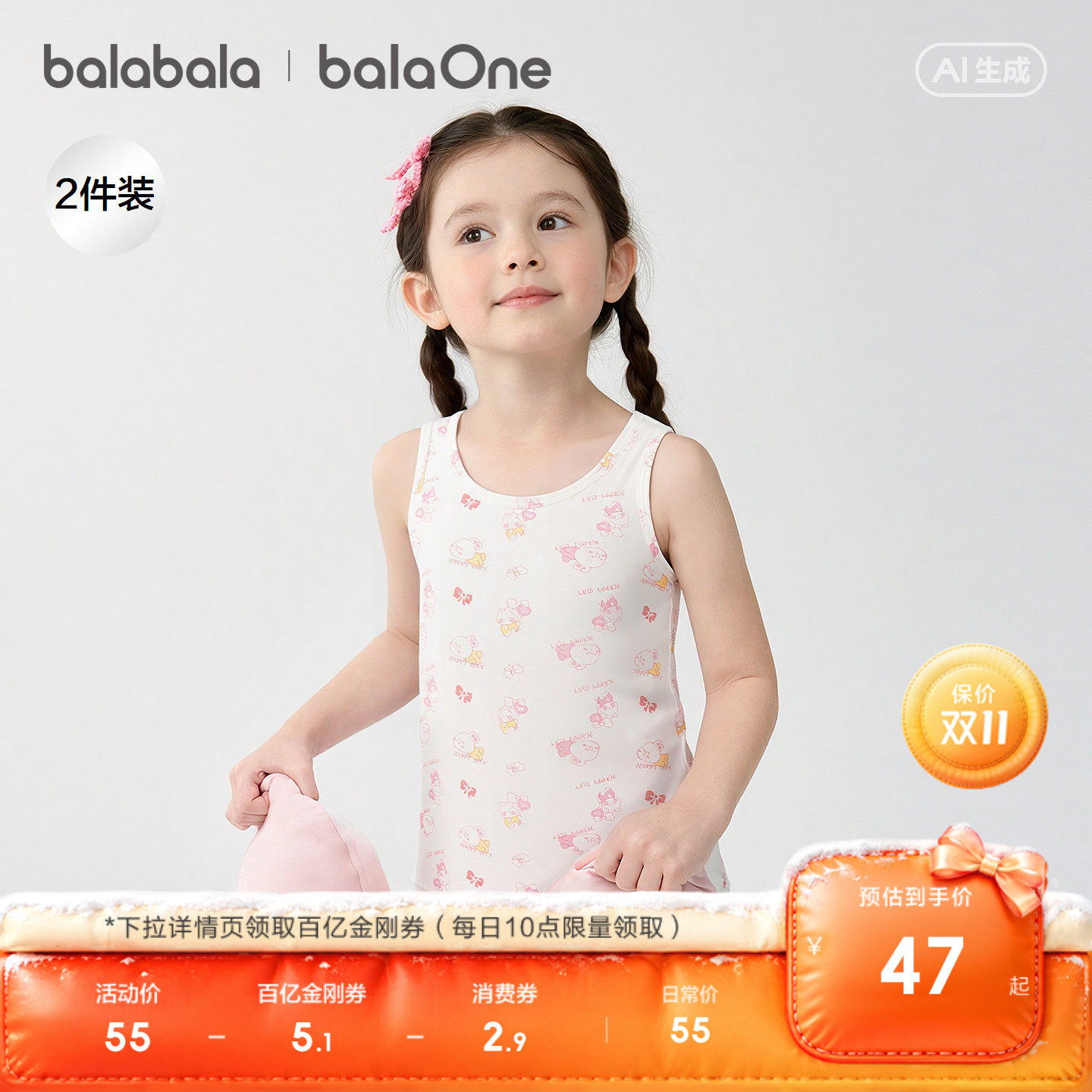 【balaOne】巴拉巴拉女童背心吊带宝宝夏季打底儿童小内衣两件装