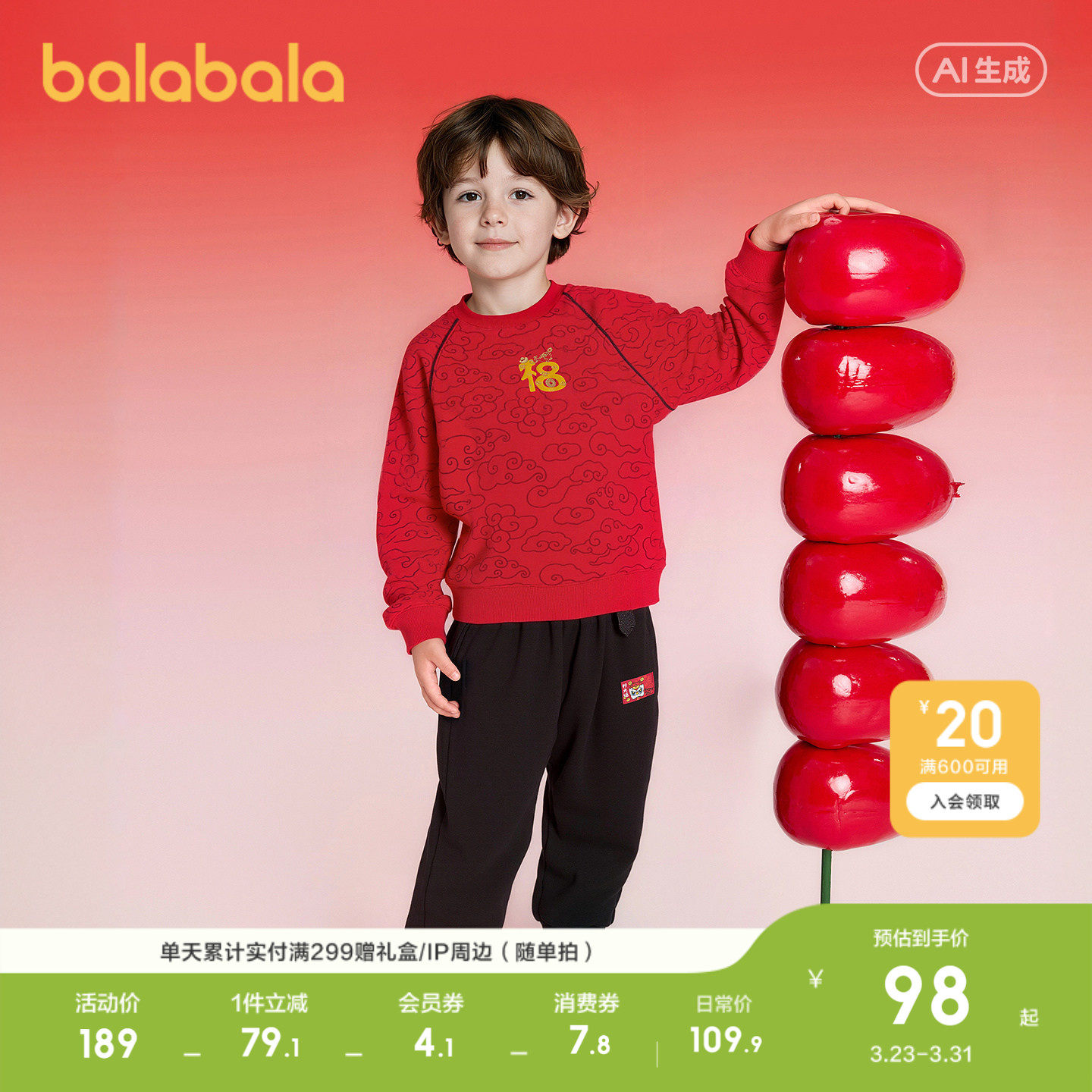 巴拉巴拉童装儿童套装男童春装国风两件套新年印花拜年服时尚休闲