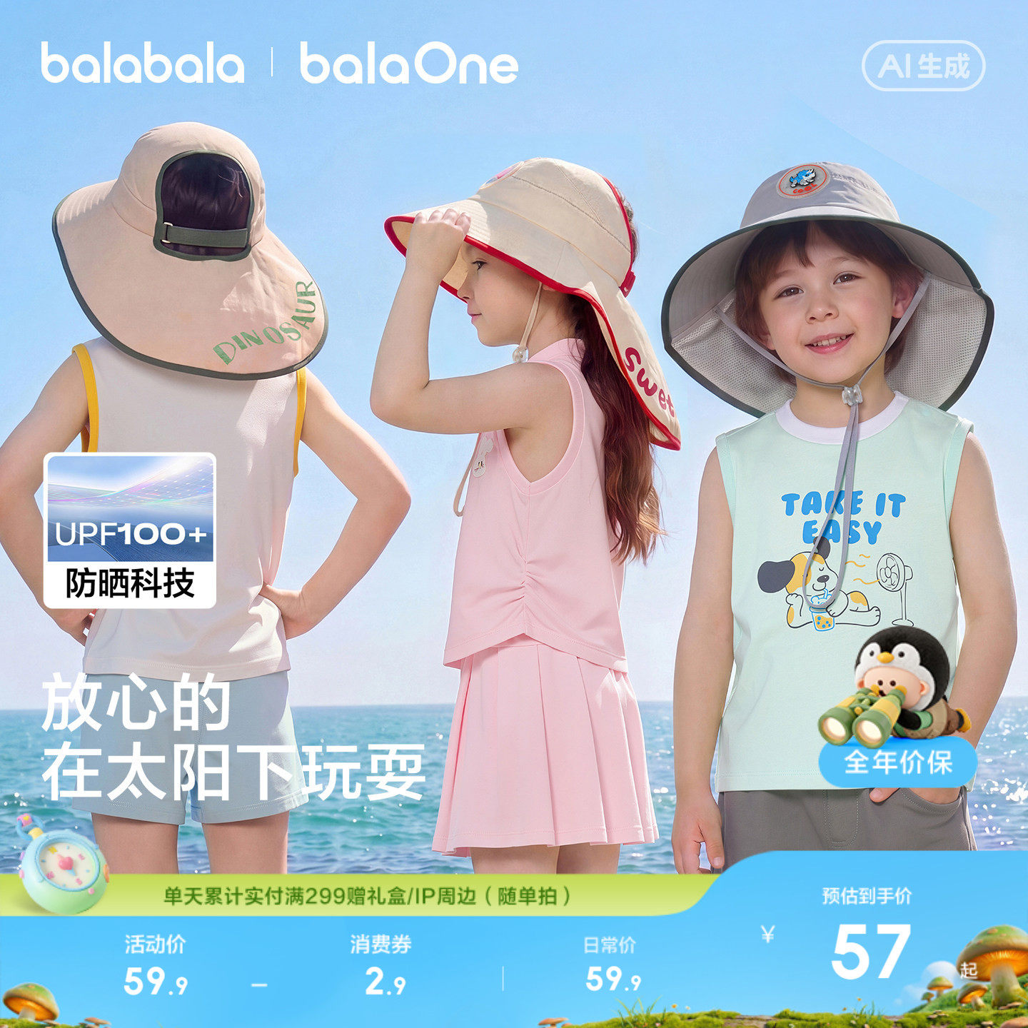 巴拉巴拉儿童防晒帽男女童宝宝2026新款夏季大帽檐遮阳户外空顶帽