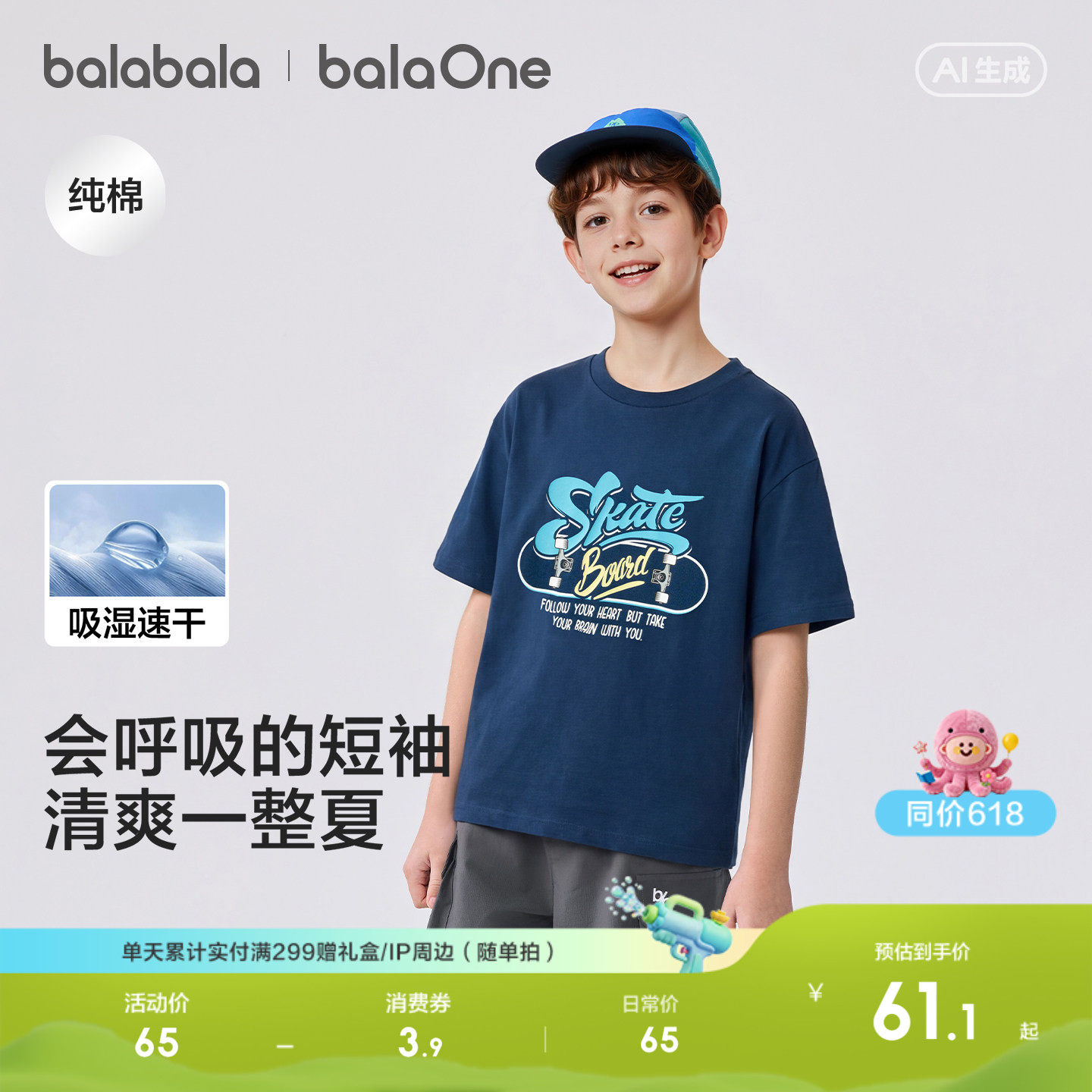 巴拉巴拉童装男童短袖t恤儿童2026新款夏中大童吸湿速干纯棉上衣