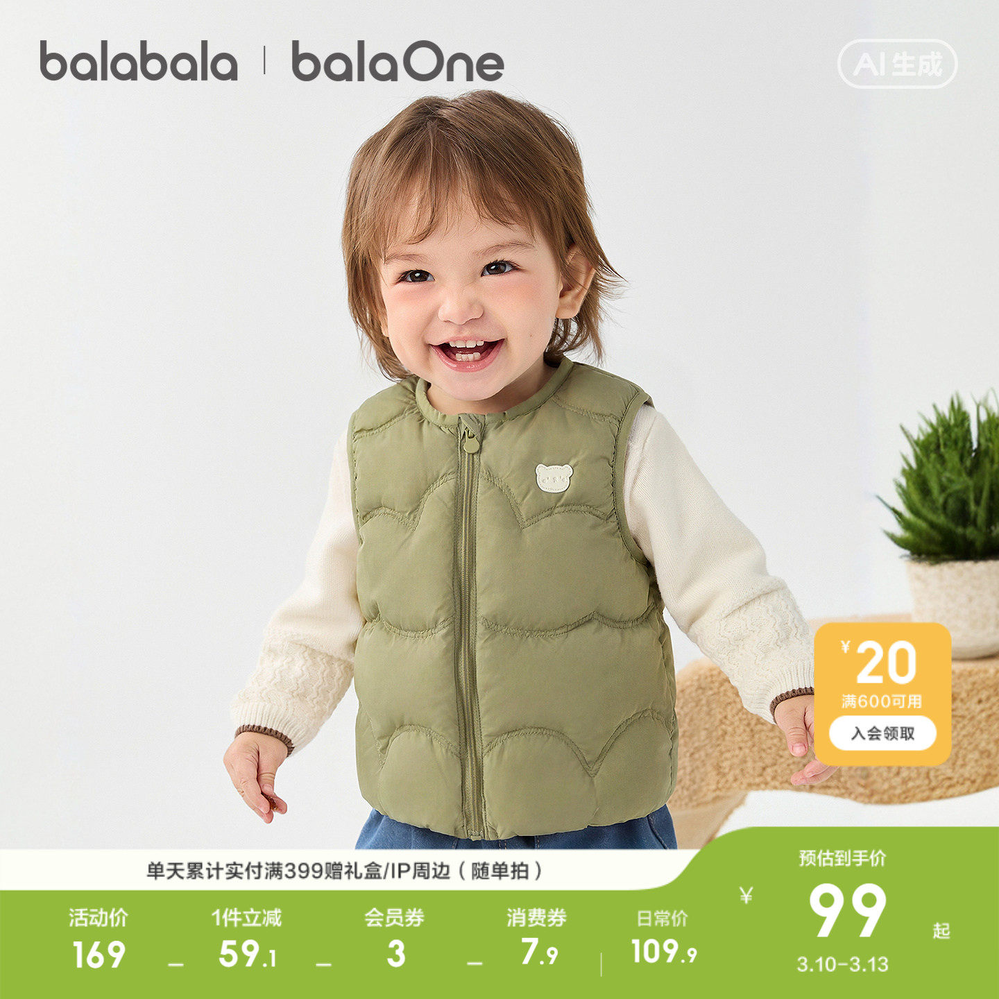 巴拉巴拉童装婴儿羽绒马甲宝宝背心上衣男童女童2026春装外套上衣