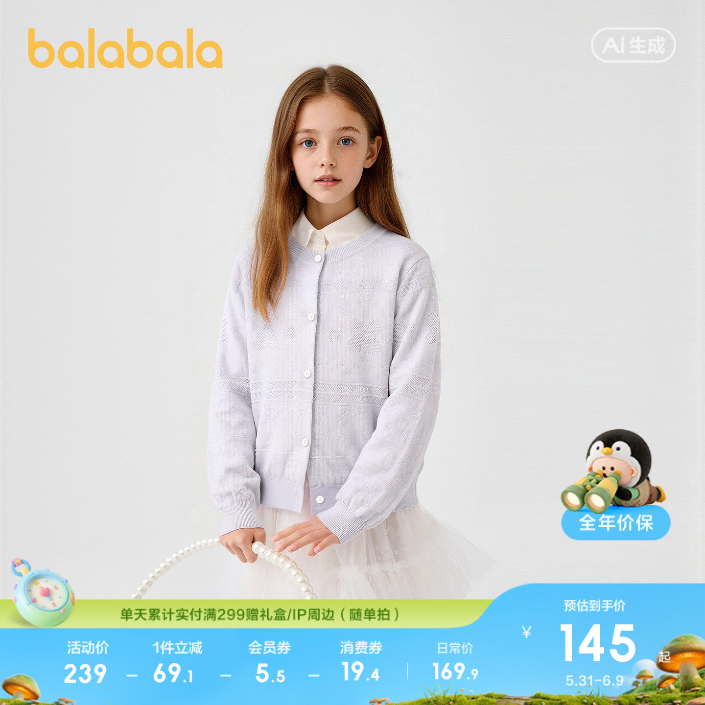 巴拉巴拉童装儿童毛衣女童2026新款春装提花针织开衫舒适甜美上衣