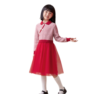 巴拉巴拉女童红色连衣裙儿童裙子春秋装国风毛衣网纱裙红色拜年服