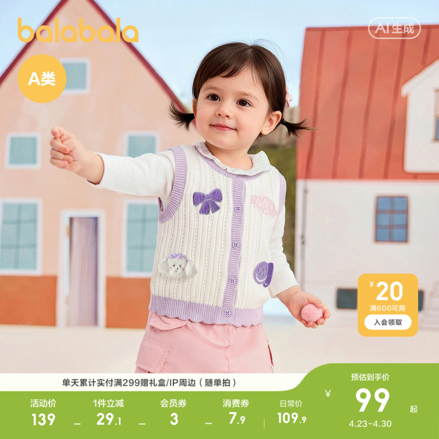 巴拉巴拉童装儿童宝宝女童马甲婴儿2026新款春装针织背心甜美萌趣