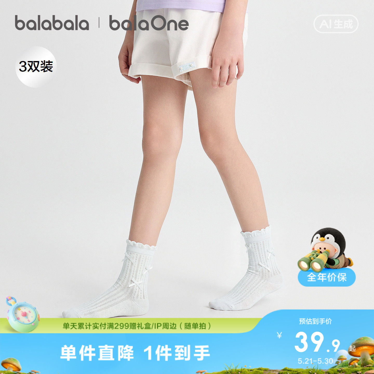 巴拉巴拉儿童袜子夏季网眼袜透气薄女童短袜甜美蝴蝶结棉弹三双装