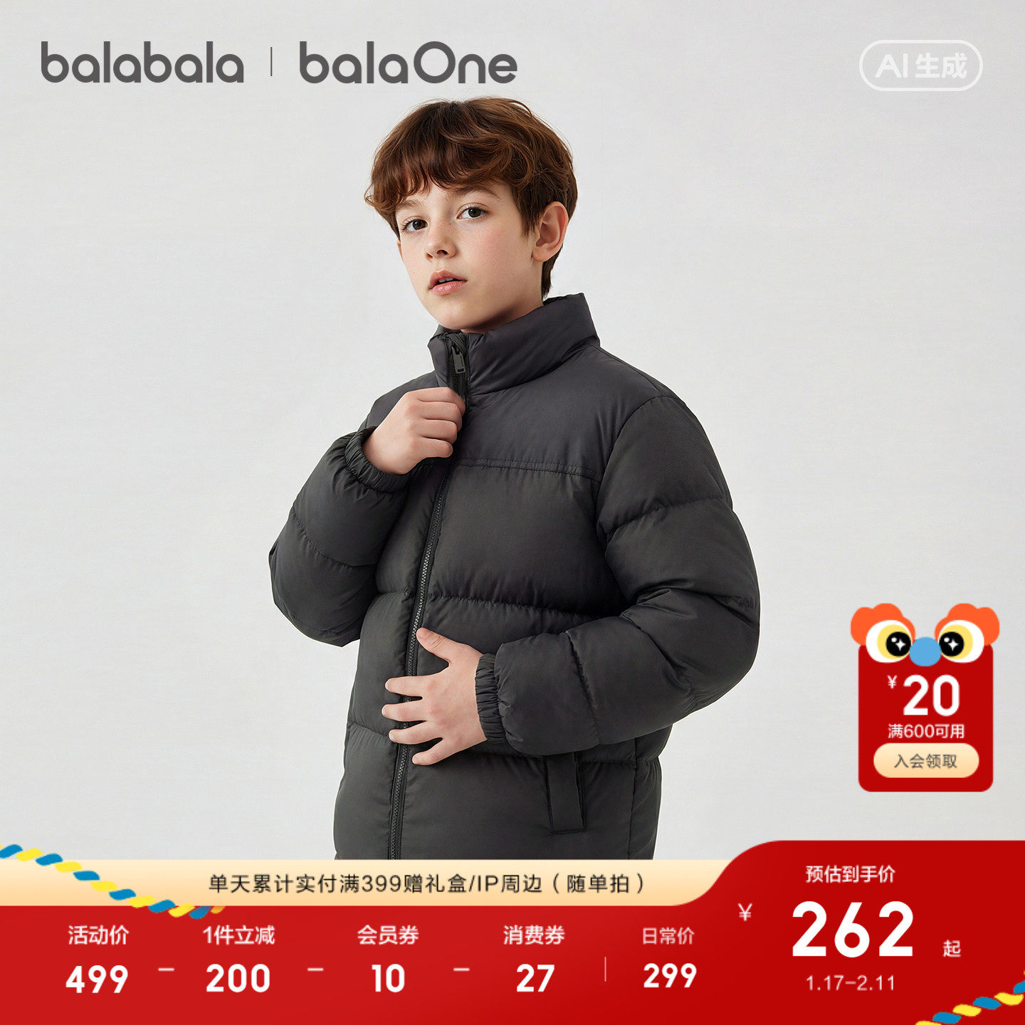【balaOne】巴拉巴拉童装儿童羽绒服男童女童2025新款冬三