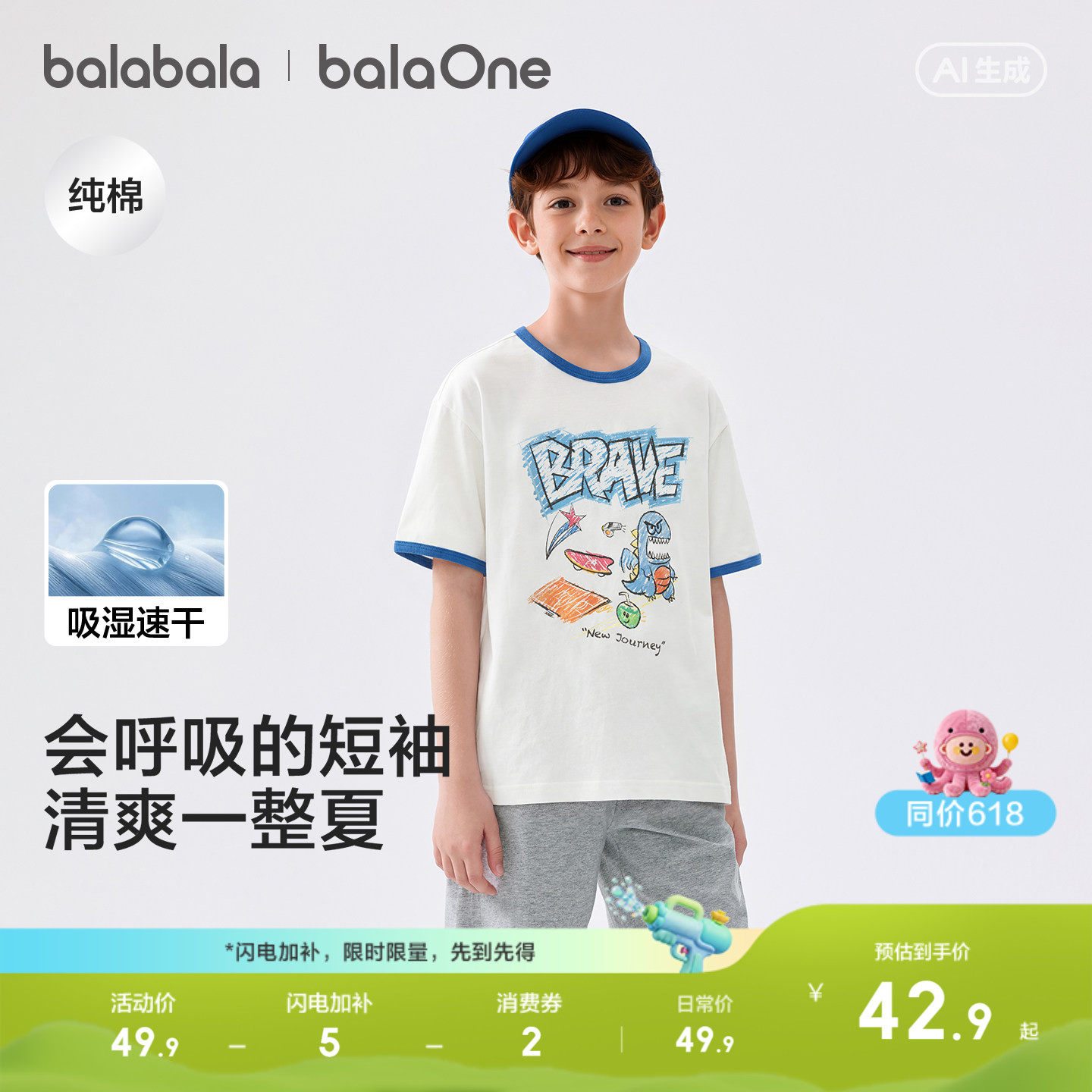 巴拉巴拉童装男童短袖t恤儿童2026新款夏装吸湿速干纯棉休闲上衣