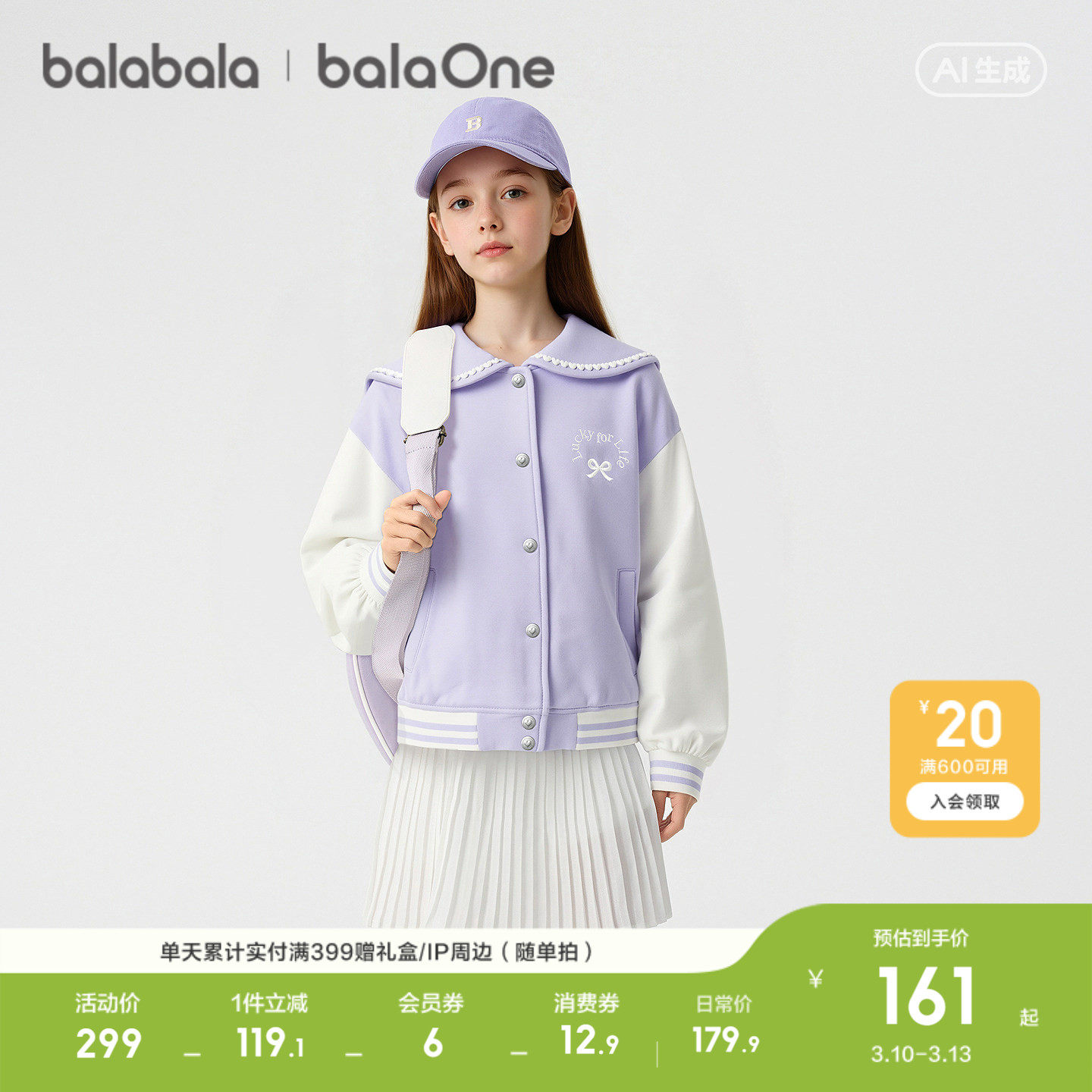 【balaOne】巴拉巴拉童装儿童外套女童棒球服2026新款春甜美撞色