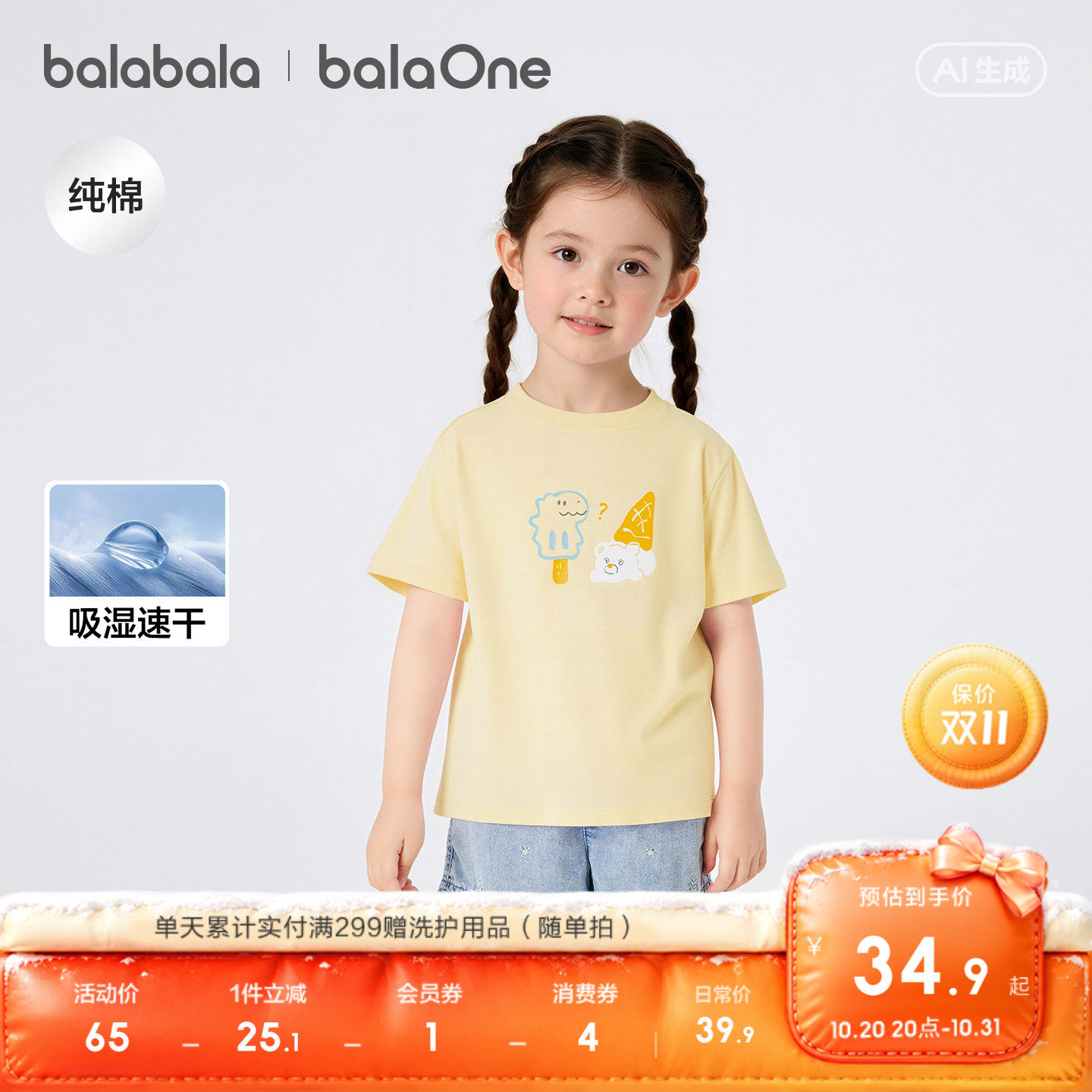 【balaOne】巴拉巴拉童装儿童短袖t恤男童女童宝宝2026夏速干婴儿