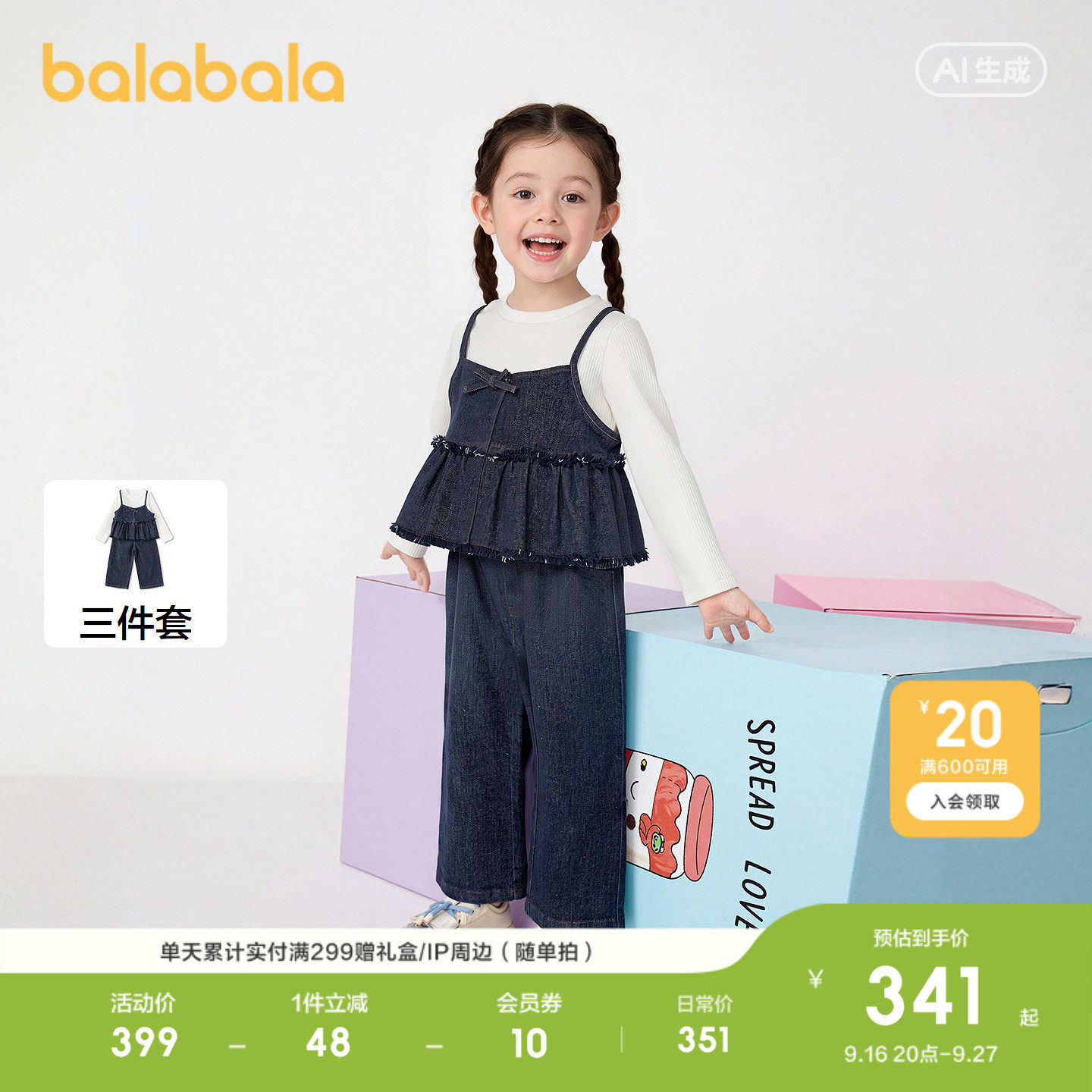巴拉巴拉套装女童经典牛仔三件套