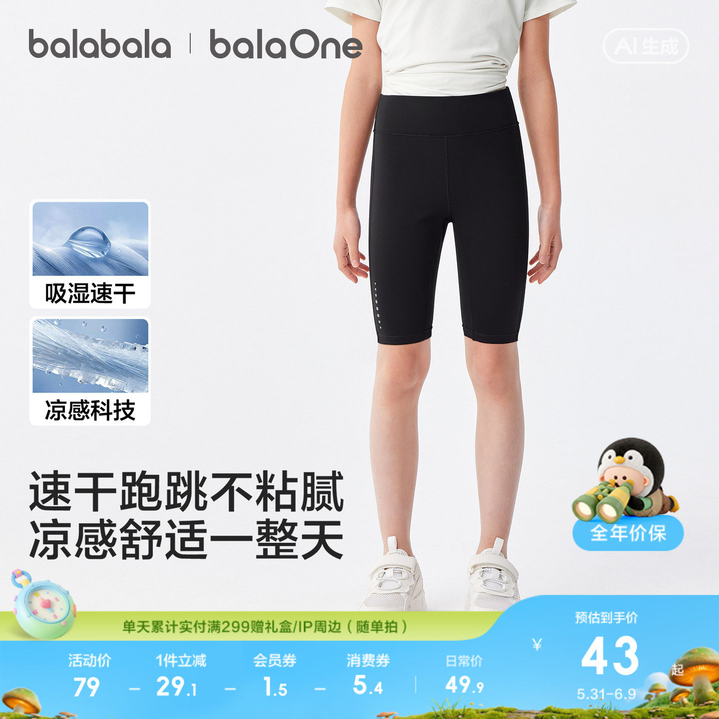 【balaOne】巴拉巴拉童装女童打底裤儿童裤子夏装薄款2026五分裤