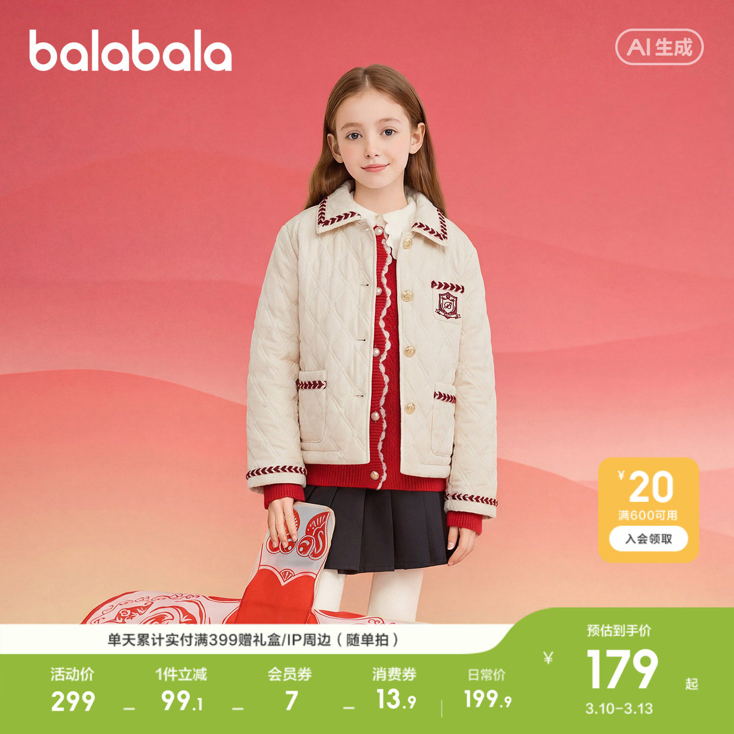 巴拉巴拉童装儿童外套女童棉服春装上衣翻领绣花红色拜年服小香风