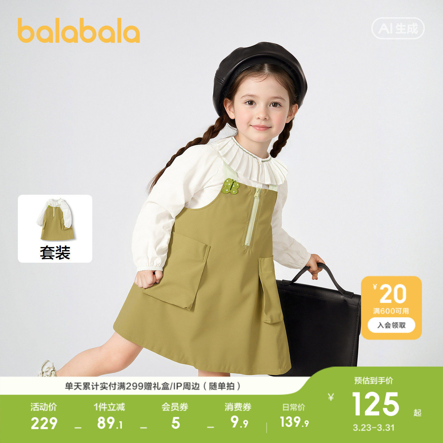 巴拉巴拉童装儿童连衣裙女童春秋装背带裙两件套口袋绣花甜美洋气