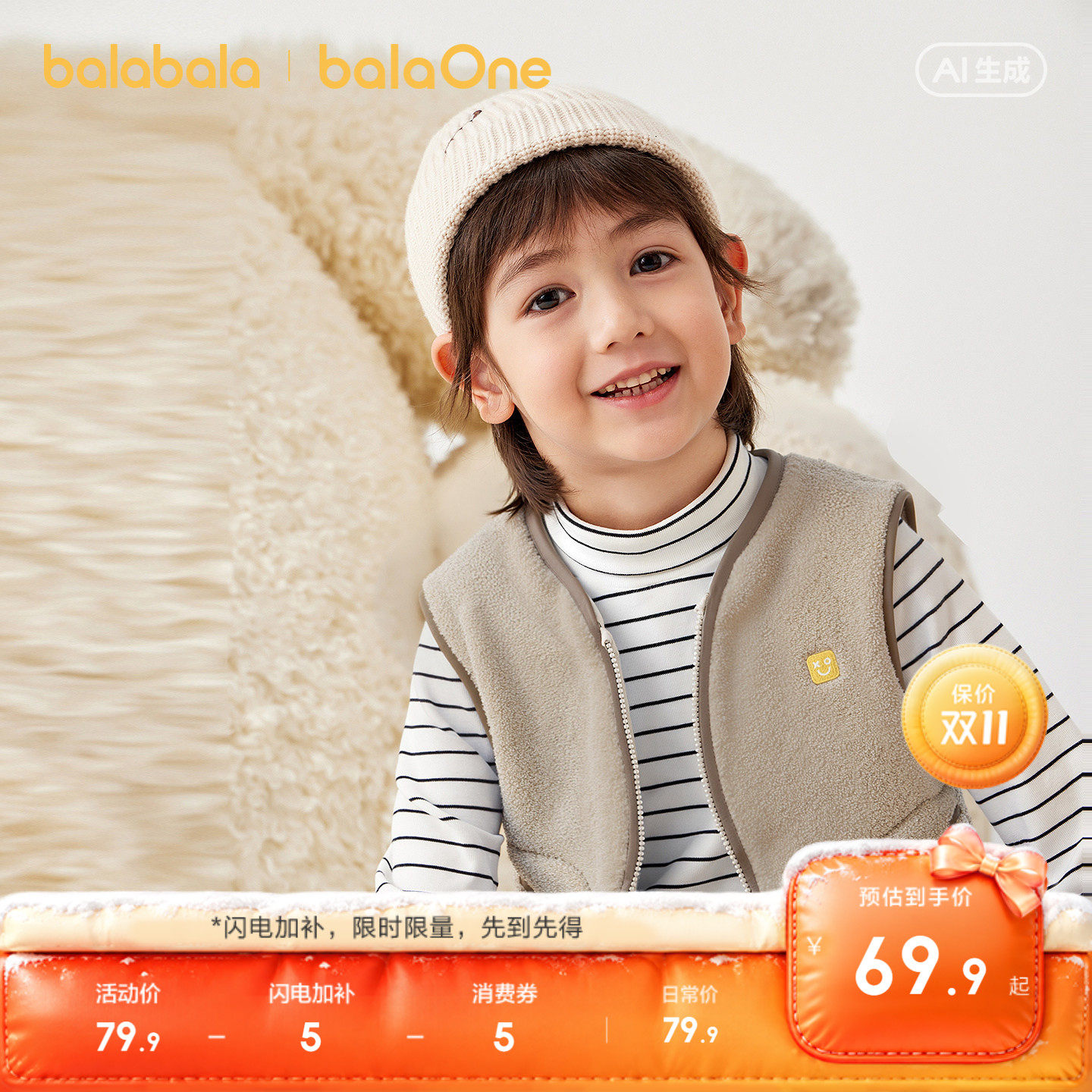 【balaOne】巴拉巴拉童装儿童马甲秋冬加绒男女童背心加厚抗静电