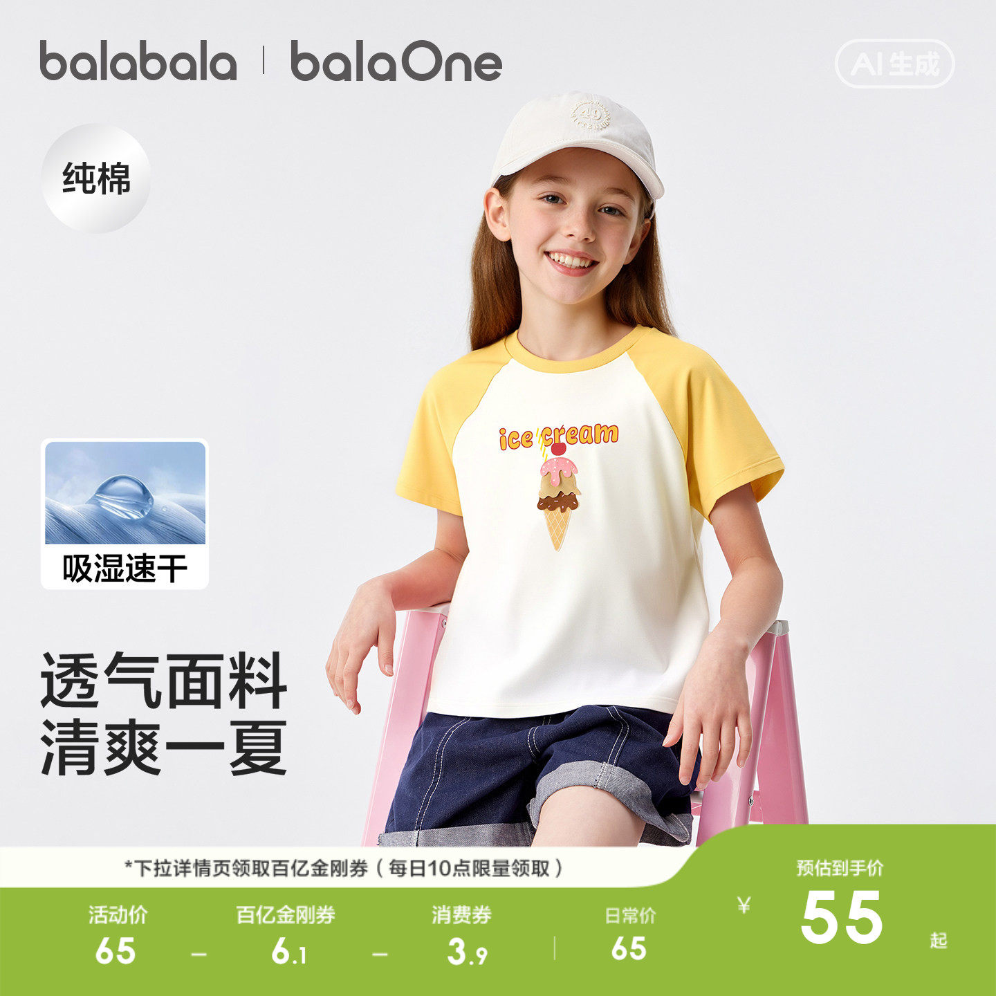 巴拉巴拉童装女童短袖t恤儿童2026新款夏装大童吸湿速干纯棉上衣