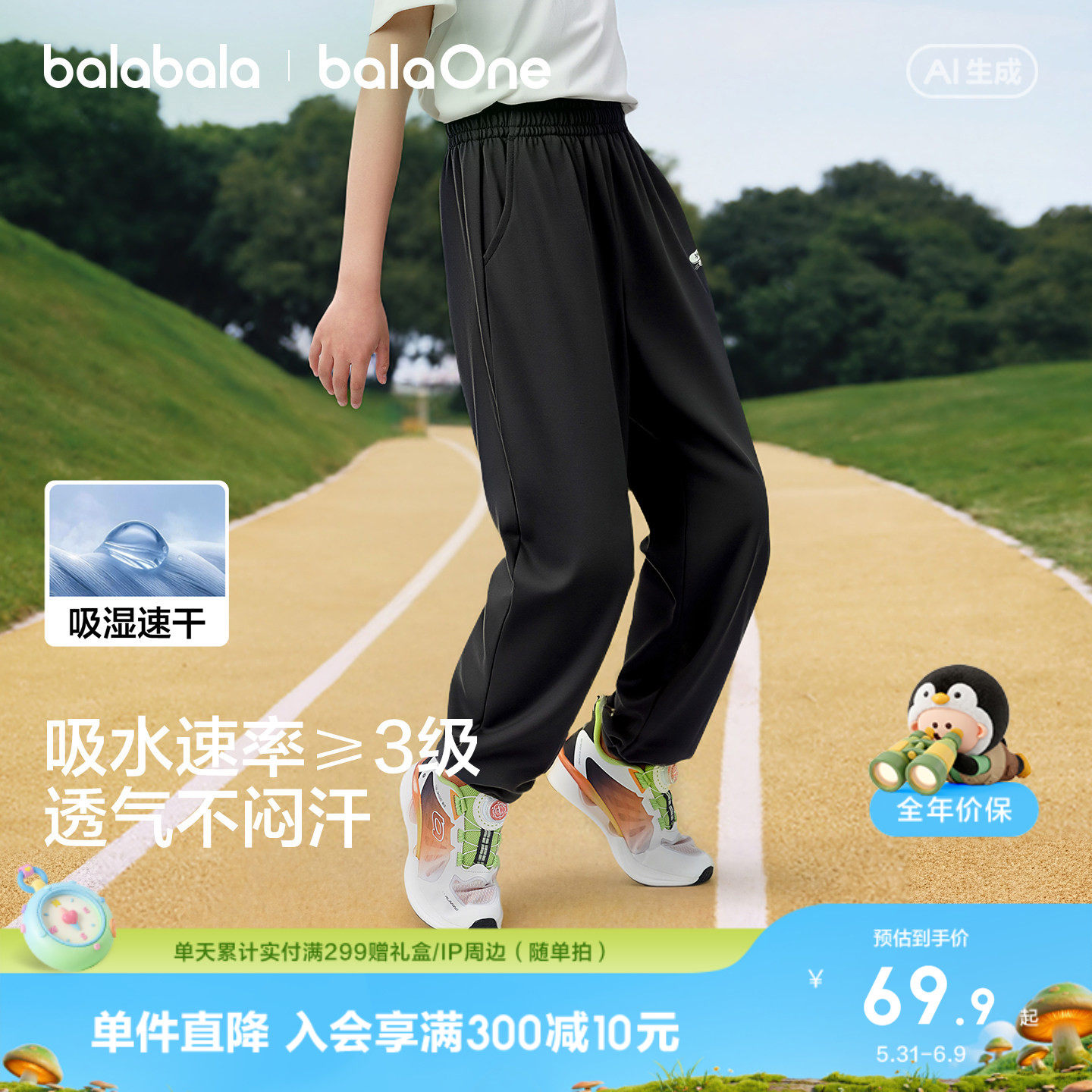 巴拉巴拉童装男童长裤儿童裤子2026夏款女童中大童速干运动防蚊裤