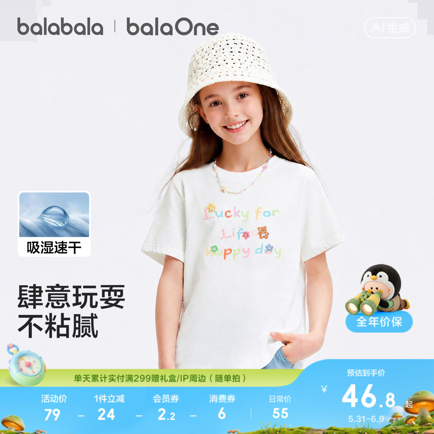 巴拉巴拉童装女童短袖t恤儿童2026新款夏装大童吸湿速干上衣洋气